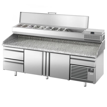 GGM Gastro Commercial Pizza Prep Counter - Granite Top PREMIUM PLUS - 3305x800mm - with 3 doors & 3 drawers - incl. refrigerated topping unit - 10x GN 1/3