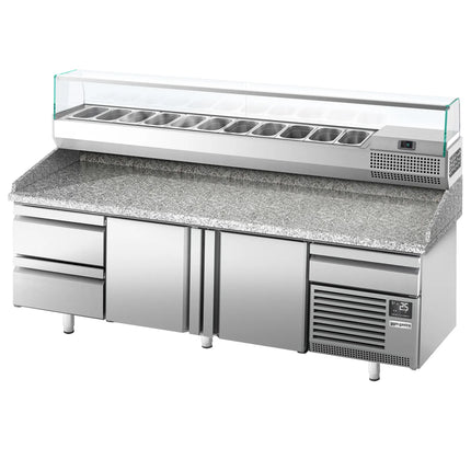 GGM Gastro Commercial Pizza Prep Counter - Granite Top PREMIUM PLUS - 3305x800mm - with 3 doors & 3 drawers - incl. refrigerated topping unit with glass sneeze guard - 11x GN 1/4