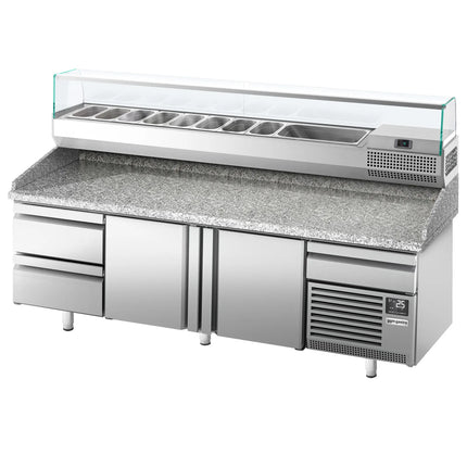 GGM Gastro Commercial Pizza Prep Counter - Granite Top PREMIUM PLUS - 3305x800mm - with 3 doors & 3 drawers - incl. refrigerated topping unit with glass sneeze guard - 10x GN 1/3
