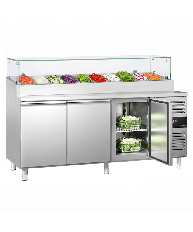 GGM Gastro Commercial Pizza Prep Counter PREMIUM - 2020x800mm - 3 Doors - with Glass topper - for 10x GN 1/3