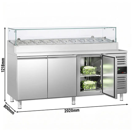 GGM Gastro Commercial Pizza Prep Counter PREMIUM - 2020x800mm - 3 Doors - with Glass topper - for 10x GN 1/3