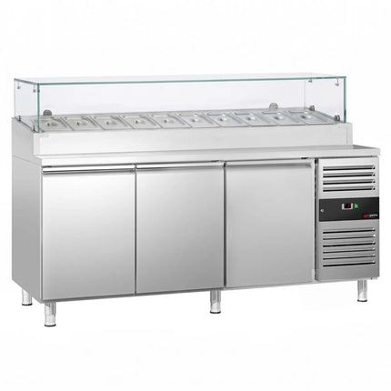 GGM Gastro Commercial Pizza Prep Counter PREMIUM - 2020x800mm - 3 Doors - with Glass topper - for 10x GN 1/3