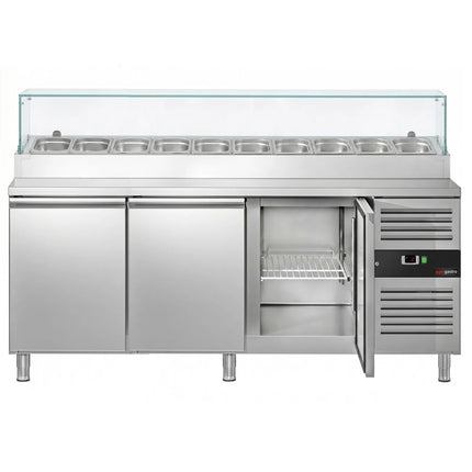 GGM Gastro Commercial Pizza Prep Counter PREMIUM - 2020x800mm - 3 Doors - with Glass topper - for 10x GN 1/3