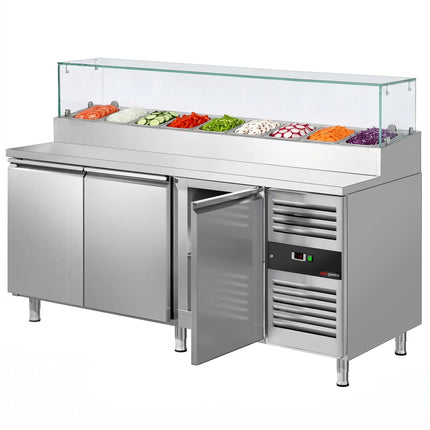 GGM Gastro Commercial Pizza Prep Counter PREMIUM - 2020x800mm - 3 Doors - with Glass topper - for 10x GN 1/3