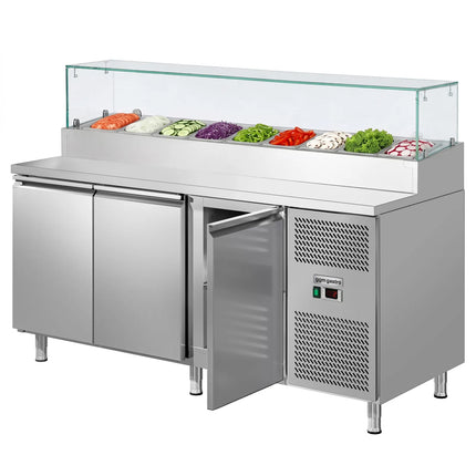 GGM Gastro Commercial Prep Counter Fridge ECO - 1795x700mm - 3 Doors - with Glass sneeze guard - for 9x GN 1/3