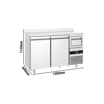 GGM Gastro Commercial Refrigerated Back Bar Counter PREMIUM - 1580x600mm - 365L - with 2 Solid Doors, upstand & knock box for coffee, digital thermostat, automatic defrost, fan-assisted condenser - Stainless Steel