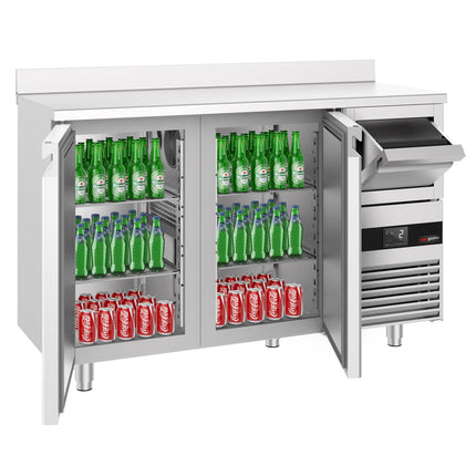 GGM Gastro Commercial Refrigerated Back Bar Counter PREMIUM - 1580x600mm - 365L - with 2 Solid Doors, upstand & knock box for coffee, digital thermostat, automatic defrost, fan-assisted condenser - Stainless Steel