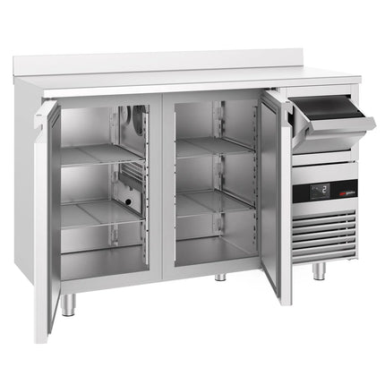 GGM Gastro Commercial Refrigerated Back Bar Counter PREMIUM - 1580x600mm - 365L - with 2 Solid Doors, upstand & knock box for coffee, digital thermostat, automatic defrost, fan-assisted condenser - Stainless Steel