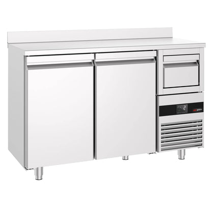 GGM Gastro Commercial Refrigerated Back Bar Counter PREMIUM - 1580x600mm - 365L - with 2 Solid Doors, upstand & knock box for coffee, digital thermostat, automatic defrost, fan-assisted condenser - Stainless Steel