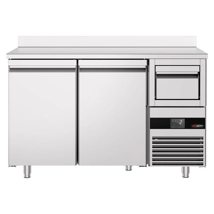 GGM Gastro Commercial Refrigerated Back Bar Counter PREMIUM - 1580x600mm - 365L - with 2 Solid Doors, upstand & knock box for coffee, digital thermostat, automatic defrost, fan-assisted condenser - Stainless Steel