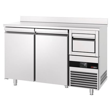 GGM Gastro Commercial Refrigerated Back Bar Counter PREMIUM - 1580x600mm - 365L - with 2 Solid Doors, upstand & knock box for coffee, digital thermostat, automatic defrost, fan-assisted condenser - Stainless Steel