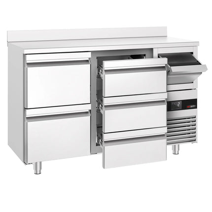 GGM Gastro Commercial Refrigerated Back Bar Counter PREMIUM - 1580x600x1150mm - 365L - with 5 Drawers, upstand & knock box for coffee