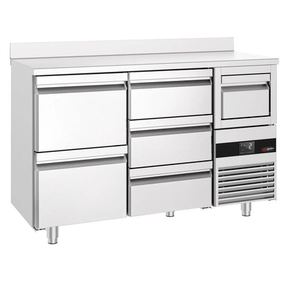 GGM Gastro Commercial Refrigerated Back Bar Counter PREMIUM - 1580x600x1150mm - 365L - with 5 Drawers, upstand & knock box for coffee