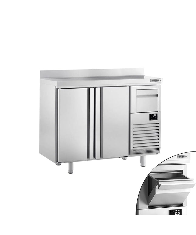 GGM Gastro Commercial Refrigerated Back Bar Counter PREMIUM PLUS - 1468x600x1150mm - with 2 Solid Doors, upstand & knock box for coffee - 340L