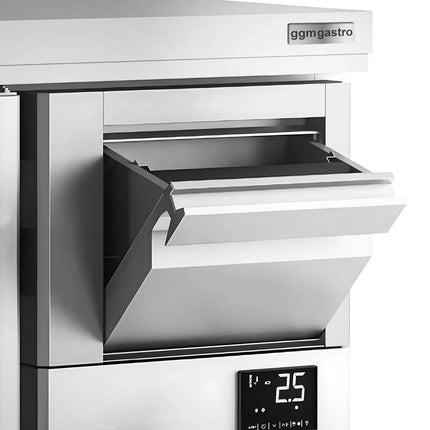 GGM Gastro Commercial Refrigerated Back Bar Counter PREMIUM PLUS - 1468x600x1150mm - with 2 Solid Doors, upstand & knock box for coffee - 340L