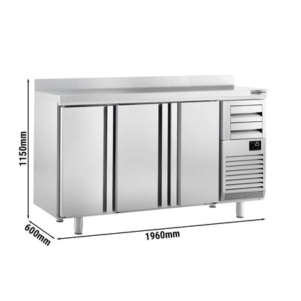 GGM Gastro Commercial Refrigerated Back Bar Counter PREMIUM PLUS - 1960x600x1150mm - 520L - with 3 Hinged Glass Doors, 2 Drawers, upstand, locks & auto defrost