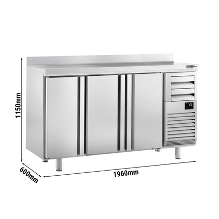 GGM Gastro Commercial Refrigerated Back Bar Counter PREMIUM PLUS - 1960x600x1150mm - 520L - with 3 Hinged Glass Doors, 2 Drawers, upstand, locks & auto defrost