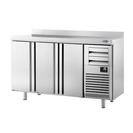 GGM Gastro Commercial Refrigerated Back Bar Counter PREMIUM PLUS - 1960x600x1150mm - 520L - with 3 Hinged Glass Doors, 2 Drawers, upstand, locks & auto defrost