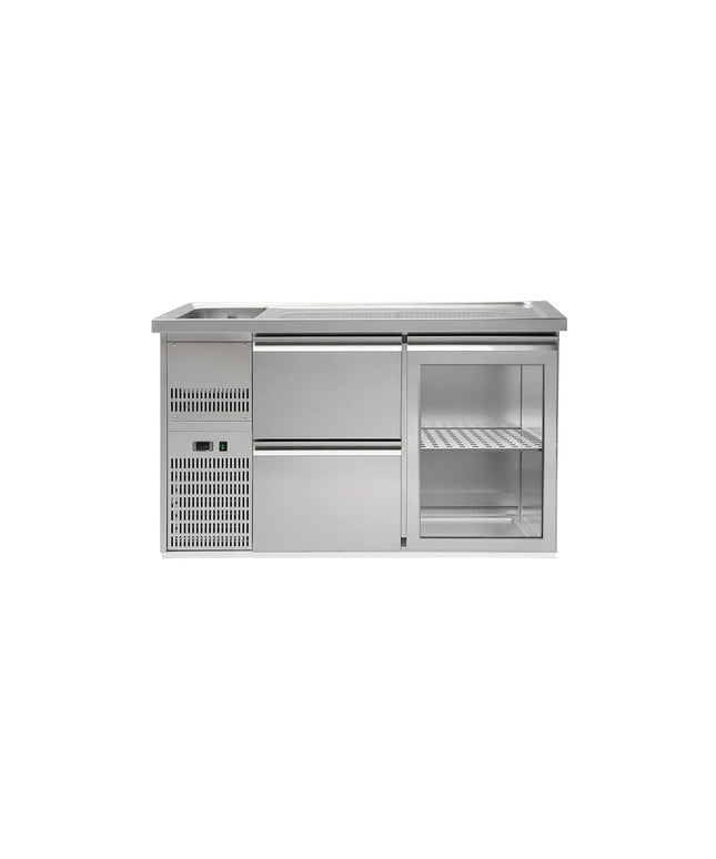 GGM Gastro Commercial Refrigerated Beer Counter 1 Glass Door + 2 Drawers PREMIUM – 1 sink left - 1550×700 mm
