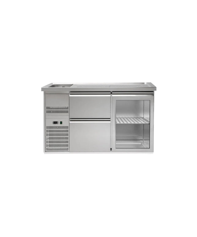 GGM Gastro Commercial Refrigerated Beer Counter 1 Glass Door + 2 Drawers PREMIUM – 1 sink left - 1550×700 mm