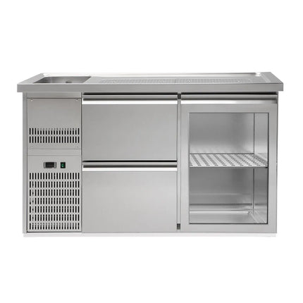 GGM Gastro Commercial Refrigerated Beer Counter 1 Glass Door + 2 Drawers PREMIUM – 1 sink left - 1550×700 mm