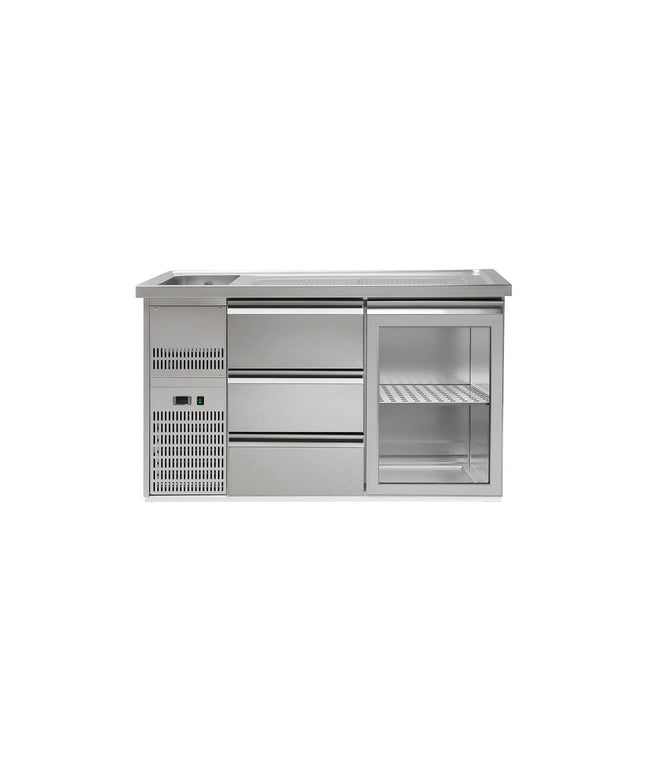GGM Gastro Commercial Refrigerated Beer Counter 1 Glass Door + 3 Drawers PREMIUM – 1 sink left - 1550×700 mm