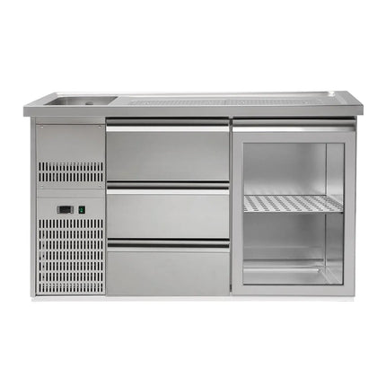 GGM Gastro Commercial Refrigerated Beer Counter 1 Glass Door + 3 Drawers PREMIUM – 1 sink left - 1550×700 mm