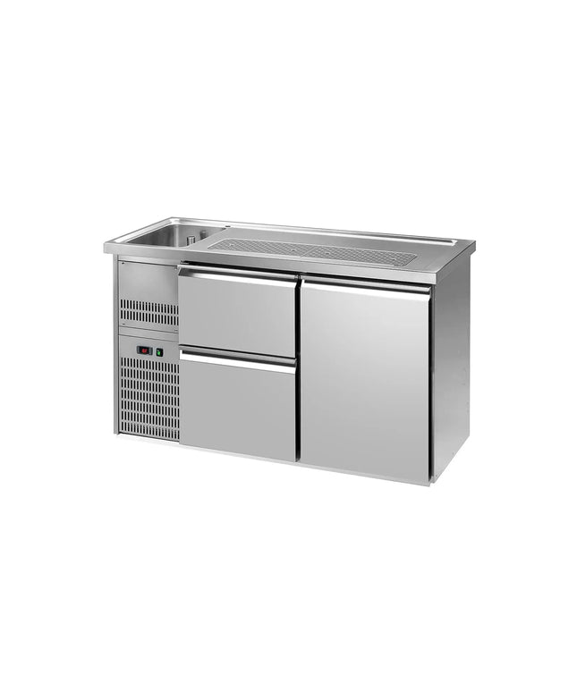GGM Gastro Commercial Refrigerated Beer Counter 1 Stainless Door + 2 Drawers PREMIUM – 1 sink left - 1550×700 mm