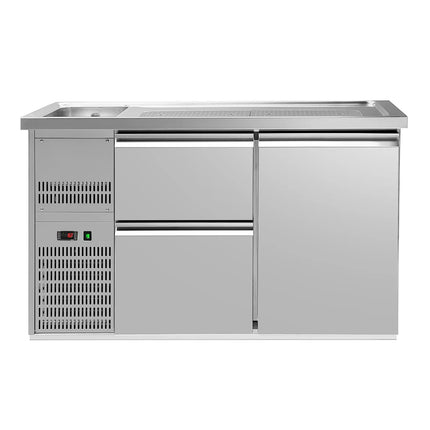 GGM Gastro Commercial Refrigerated Beer Counter 1 Stainless Door + 2 Drawers PREMIUM – 1 sink left - 1550×700 mm