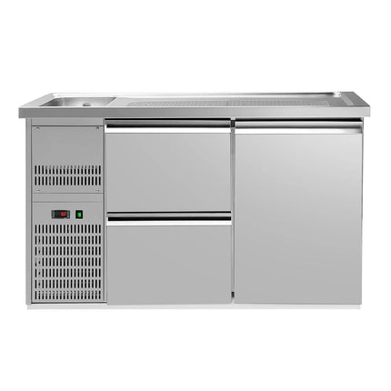 GGM Gastro Commercial Refrigerated Beer Counter 1 Stainless Door + 2 Drawers PREMIUM – 1 sink left - 1550×700 mm