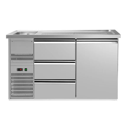 GGM Gastro Commercial Refrigerated Beer Counter 1 Stainless Door + 2 Drawers PREMIUM – 1 sink left - 1550×700 mm