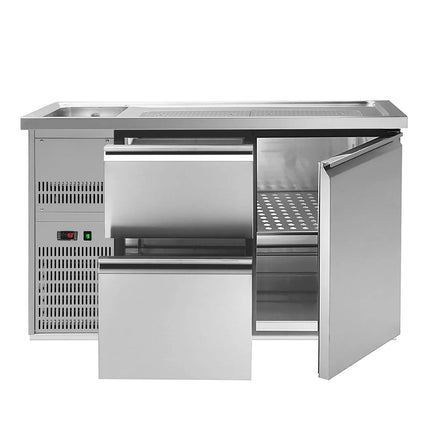 GGM Gastro Commercial Refrigerated Beer Counter 1 Stainless Door + 2 Drawers PREMIUM – 1 sink left - 1550×700 mm