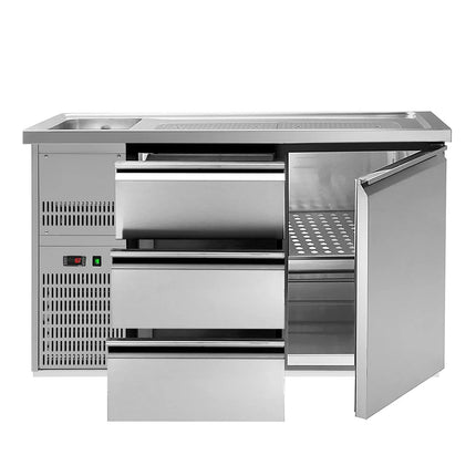 GGM Gastro Commercial Refrigerated Beer Counter 1 Stainless Door + 2 Drawers PREMIUM – 1 sink left - 1550×700 mm