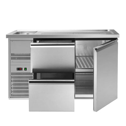GGM Gastro Commercial Refrigerated Beer Counter 1 Stainless Door + 2 Drawers PREMIUM – 1 sink left - 1550×700 mm