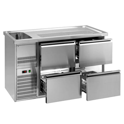 GGM Gastro Commercial Refrigerated Beer Counter 4 Drawers PREMIUM – 1 sink left - 1550×700 mm - beer box included