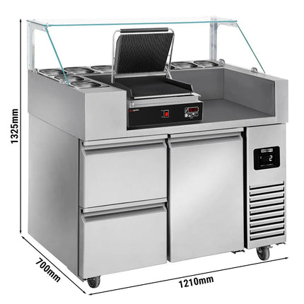 GGM Gastro Commercial Refrigerated Prep Table PREMIUM - 1 Door + 2 Drawers - 1210 mm - for 9× GN 1/6 - Contact grill (timer) included