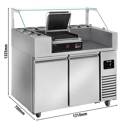 GGM Gastro Commercial Refrigerated Prep Table PREMIUM – Glass Top – 2 Doors – 1210 mm – for 9× GN 1/6 – Includes contact grill