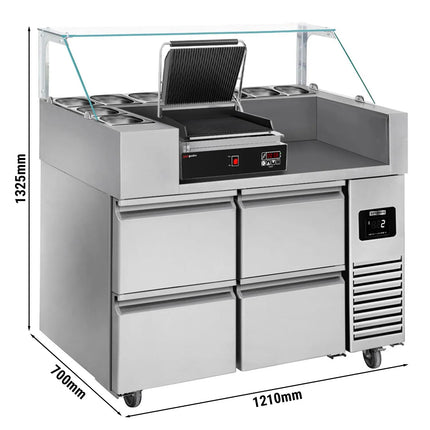 GGM Gastro Commercial Refrigerated Prep Table PREMIUM – Glass Top – 2 Doors – 1210 mm – for 9× GN 1/6 - with Contact Grill (50–300°C)
