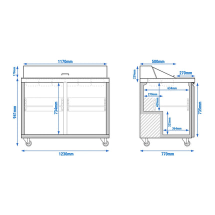 GGM Gastro Commercial Saladette Counter American Style PREMIUM - 1230mm - 396L - 2 doors - open top for 12 x GN 1/6 - incl. 12x GN 1/6 pans