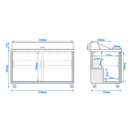 GGM Gastro Commercial Saladette Counter American Style PREMIUM - 1555mm - 1670L - 2 doors - open top for 16 x GN 1/6 & stainless steel hinged lid - incl. 16x GN 1/6 pans