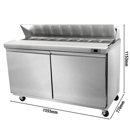 GGM Gastro Commercial Saladette Counter American Style PREMIUM - 1555mm - 1670L - 2 doors - open top for 16 x GN 1/6 & stainless steel hinged lid - incl. 16x GN 1/6 pans