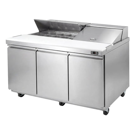 GGM Gastro Commercial Saladette Counter American Style PREMIUM - 1830mm - 1940L - 3 doors - open top for 18 x GN 1/6 & stainless steel hinged lid - incl. 18x GN 1/6 pans