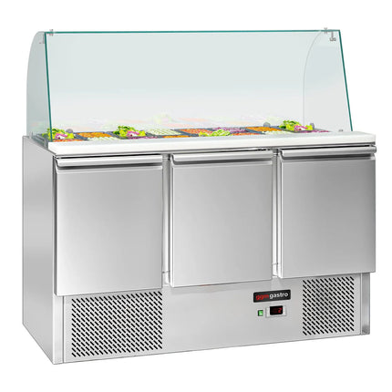 GGM Gastro Commercial Saladette Counter ECO - 1368mm - 368L - 3 doors - with glass canopy for 4 x GN 1/1
