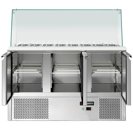 GGM Gastro Commercial Saladette Counter ECO - 1368mm - 368L - 3 doors - with glass canopy for 4 x GN 1/1
