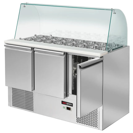GGM Gastro Commercial Saladette Counter ECO - 1368mm - 368L - 3 doors - with glass canopy for 4 x GN 1/1
