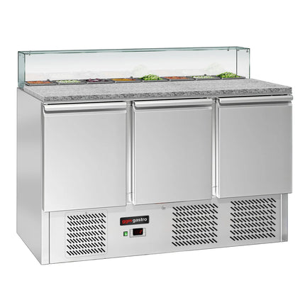 GGM Gastro Commercial Saladette Counter ECO - 1368mm - 368L - 3 doors - with square glass canopy for 8 x GN 1/6