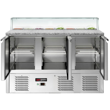 GGM Gastro Commercial Saladette Counter ECO - 1368mm - 368L - 3 doors - with square glass canopy for 8 x GN 1/6