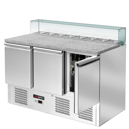 GGM Gastro Commercial Saladette Counter ECO - 1368mm - 368L - 3 doors - with square glass canopy for 8 x GN 1/6