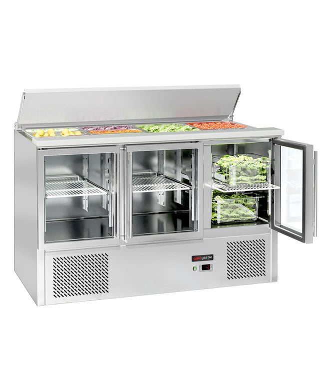 GGM Gastro Commercial Saladette Counter ECO - 1368mm - 368L - 3 glass doors - open top for 4 x GN 1/1 & stainless steel retractable lid