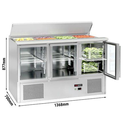 GGM Gastro Commercial Saladette Counter ECO - 1368mm - 368L - 3 glass doors - open top for 4 x GN 1/1 & stainless steel retractable lid